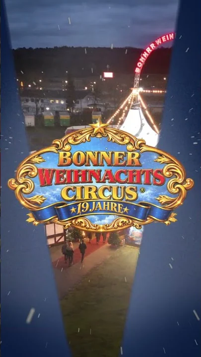Startbild des Trailers: das Logo des Bonner Weihnachtscircus über dem beleuchteten Zelt