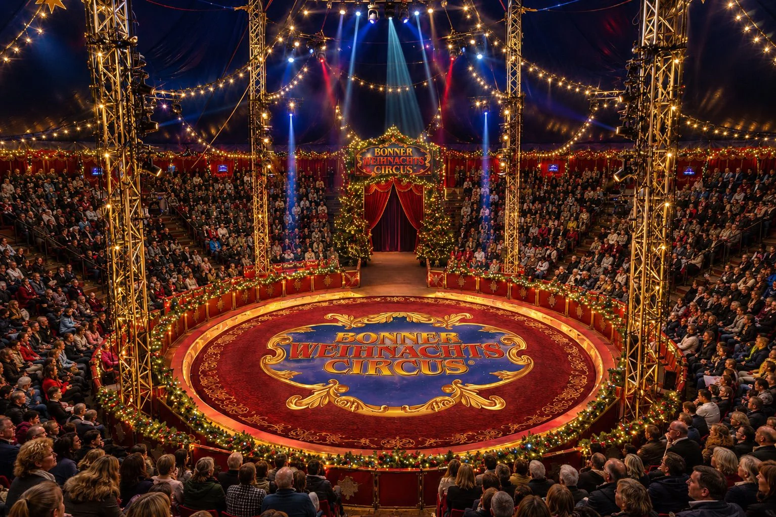 Festlich geschmückte Manege des Bonner Weihnachtscircus mit voll besetzten Rängen